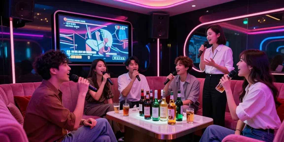 강남가라오케에서 화려한 조명 아래 친구들과 함께 즐기는 씬