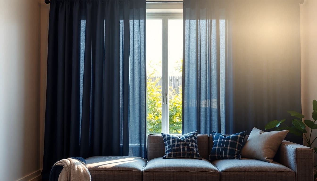 Verduisterende gordijnen in een sfeervolle woonkamer, bieden optimale verduistering en comfort.