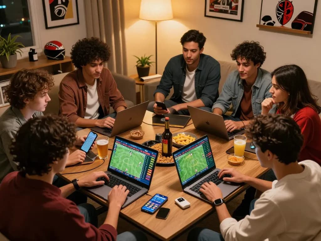 Friends engaged in sports betting using vidyasewingmachine odds on laptops and smartphones in a lively atmosphere.