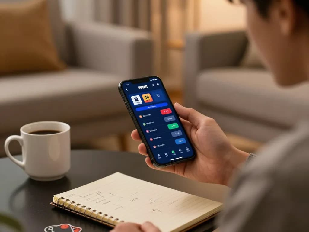 Player engaging with the KKWIN app for mobile betting in a cozy home setting.