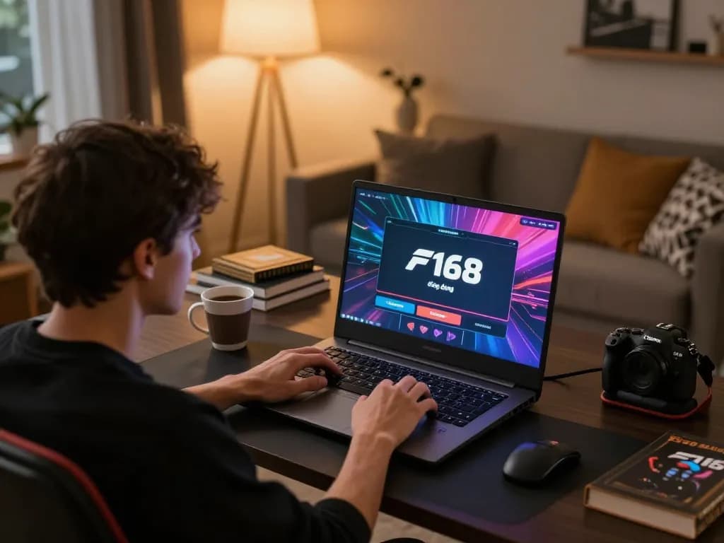 Person using F168 đăng nhập on a laptop in a cozy home office for online gaming