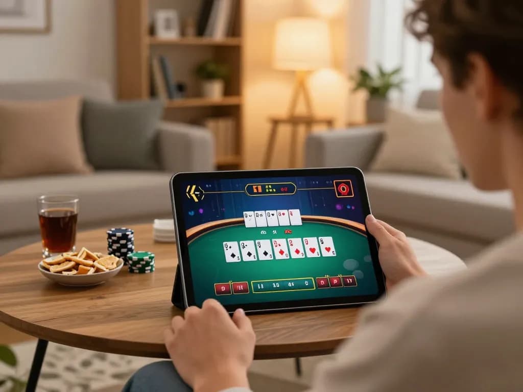 Engaged player at home using dn88 for live dealer poker game, showcasing determination on cozy tablet gaming setup.