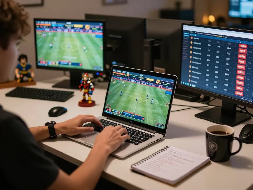 Engaged user placing bets on DN88 sports betting interface using laptop and notes.