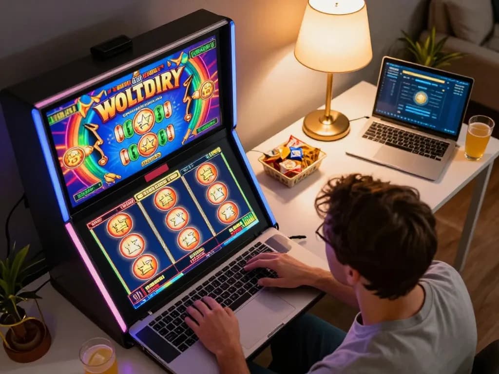 Luck8 player enjoying an immersive online slot game experience from a cozy home setup
