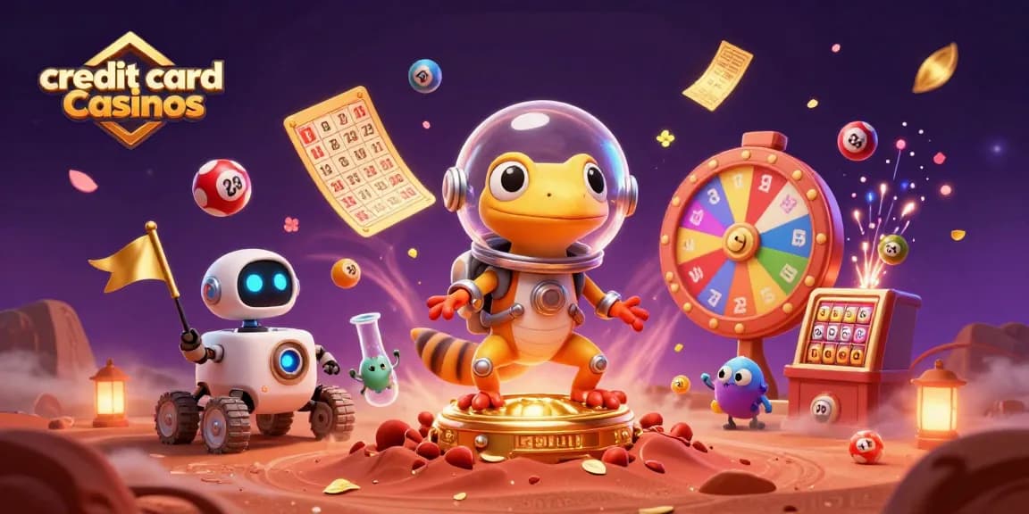 Experience exciting credit card casinos with a Martian gecko and robot rover amidst vibrant gambling elements.