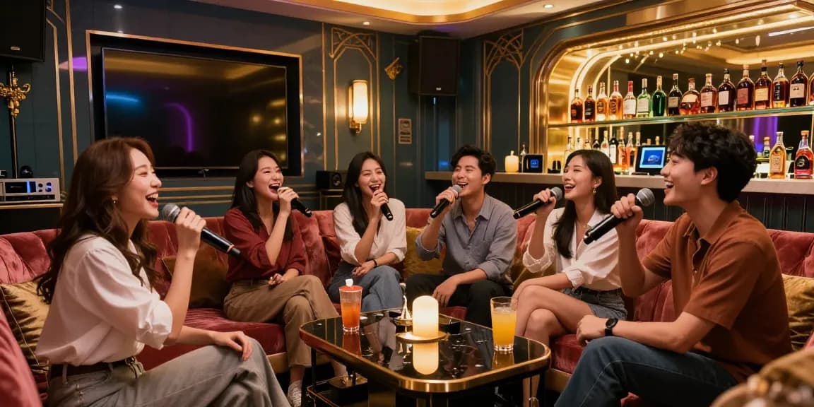 강남가라오케에서 유쾌하게 노래하는 친구들, 고급스러운 인테리어와 조명