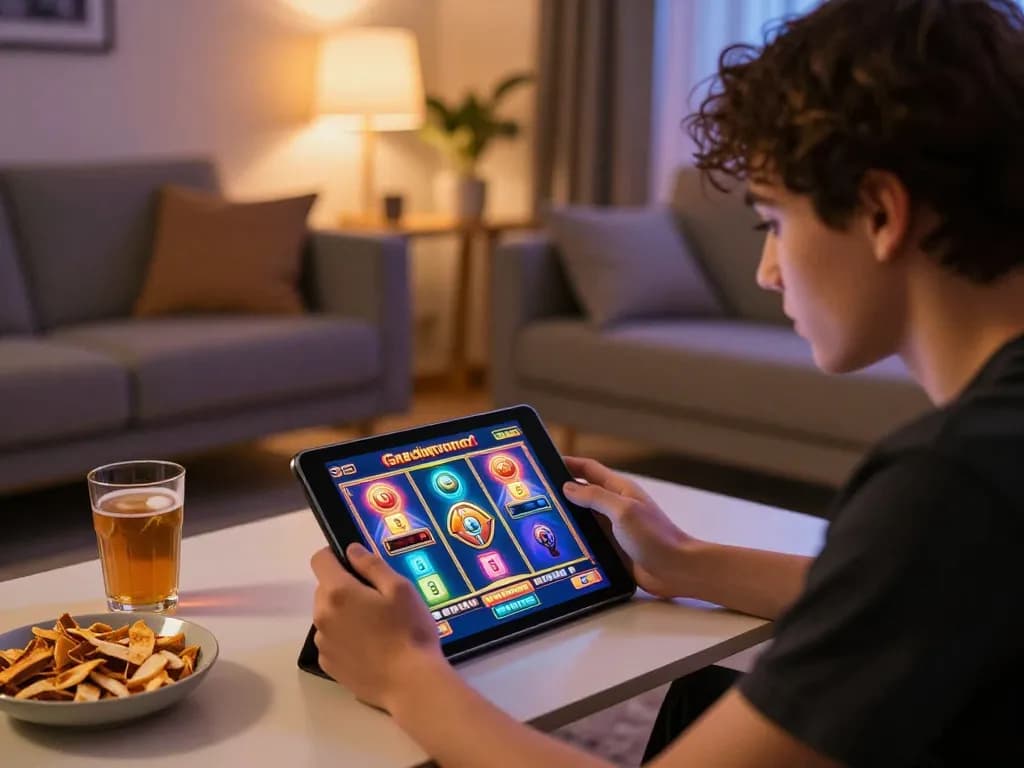 Experience thrilling slot gacor gameplay in a cozy home setting, showcasing strategic online gambling.