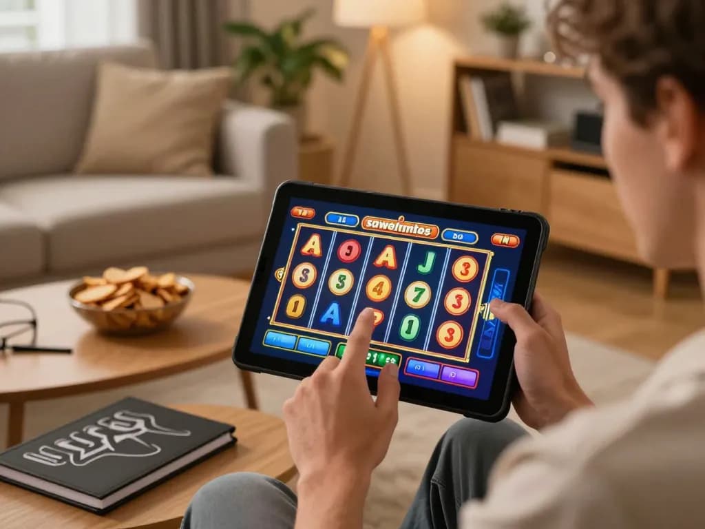 Experience demo slot gameplay on a modern tablet in a cozy living room environment, highlighting the engaging graphics.