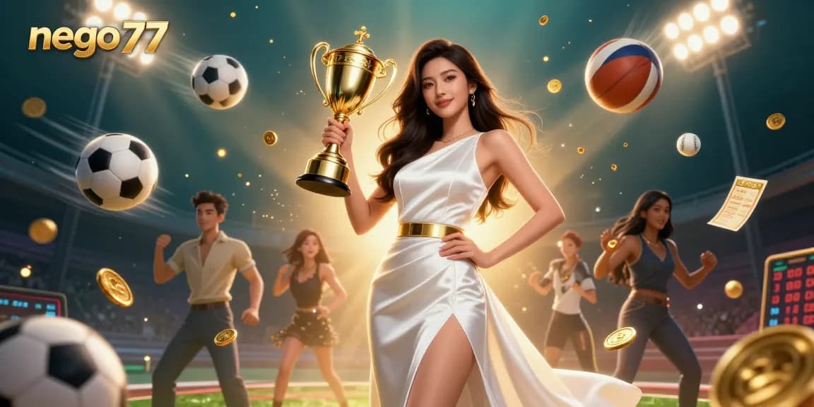 Nego77 showcases a victorious player holding a trophy amidst dynamic sports betting elements, capturing excitement in online gaming.