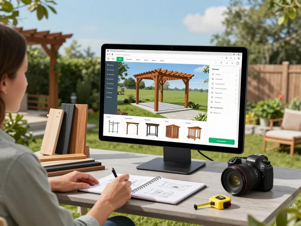 Engaging with pergola configurator software to design a custom outdoor structure, featuring 3D models and physical material samples.