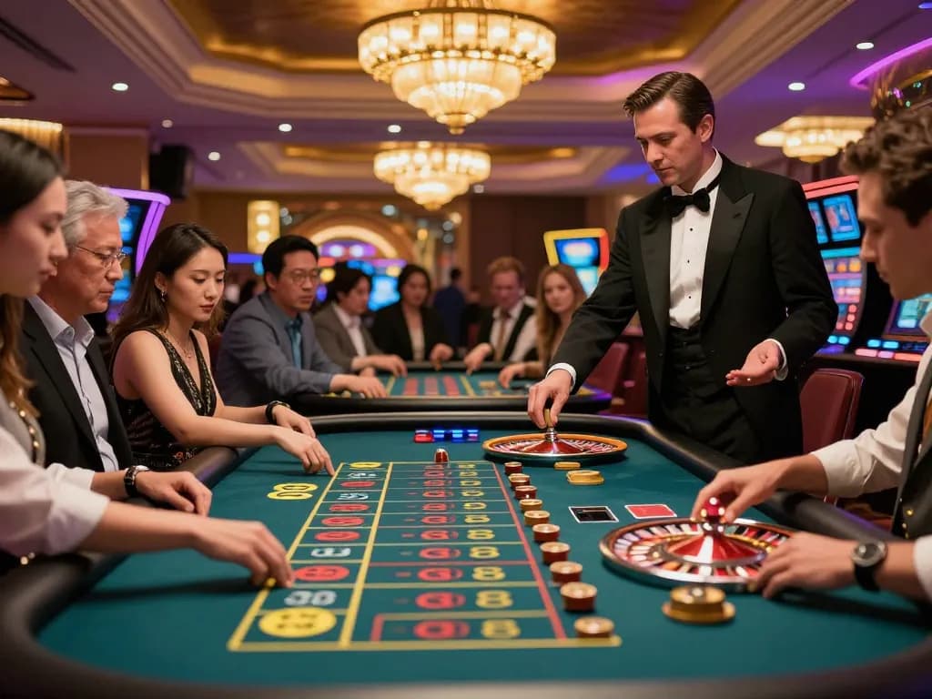 Engaging players at EE88 roulette table place bets in vibrant casino atmosphere