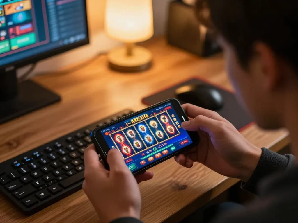 Engaged player exploring nha cai uy tin options on smartphone while enjoying home gaming.