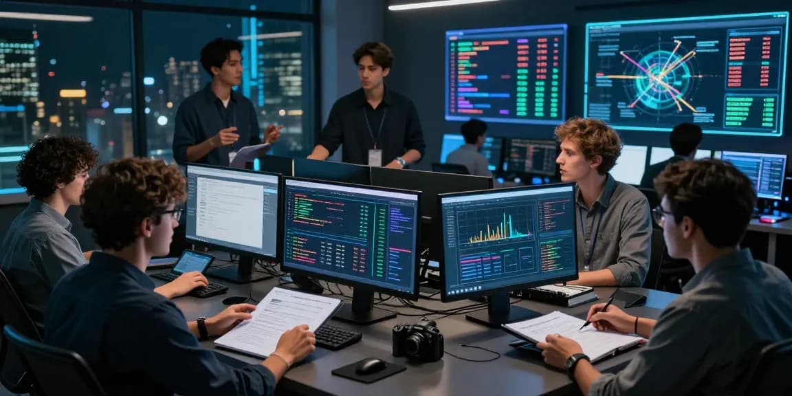 Team of digital security analysts evaluating verified darknet market links 2026 in a high-tech workspace with multiple monitors and charts.