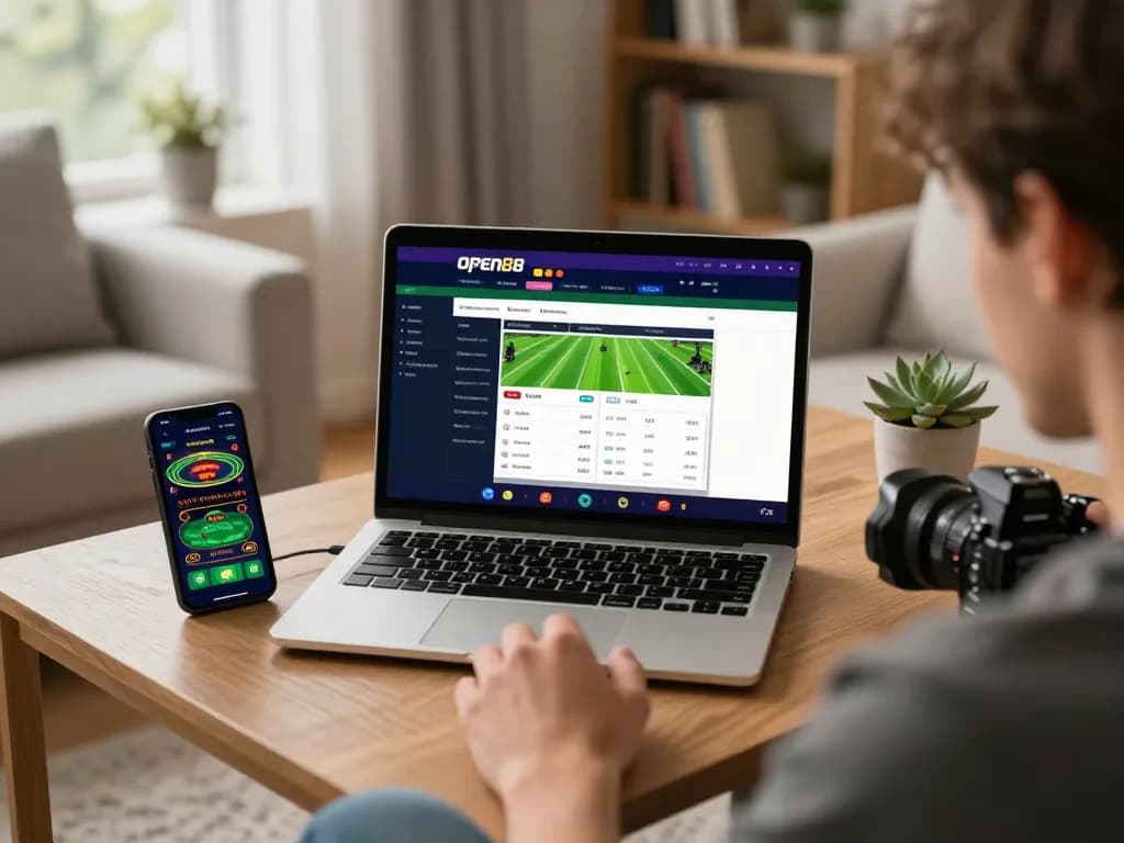 Experience thrilling sports betting with open88 on a cozy laptop setup in a bright living room.
