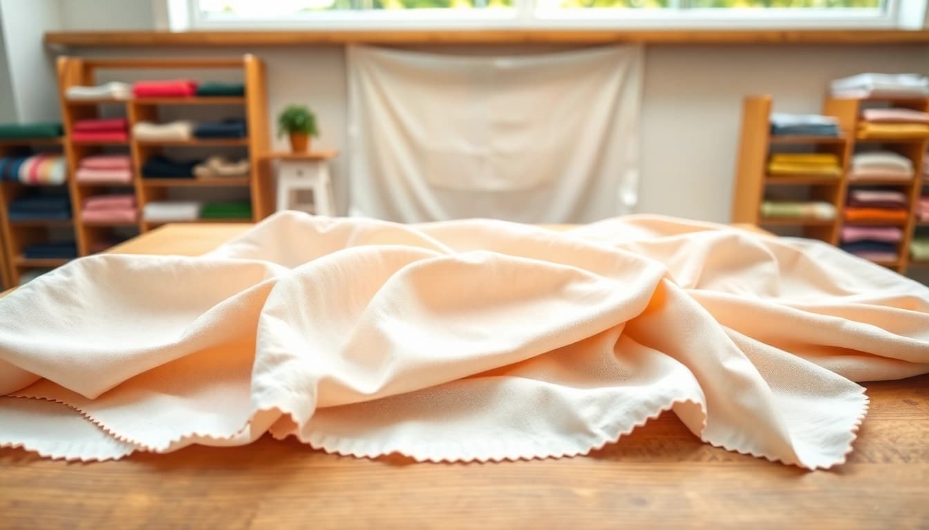 Katoen stofmonsters in verschillende kleuren en texturen op een houten tafel.