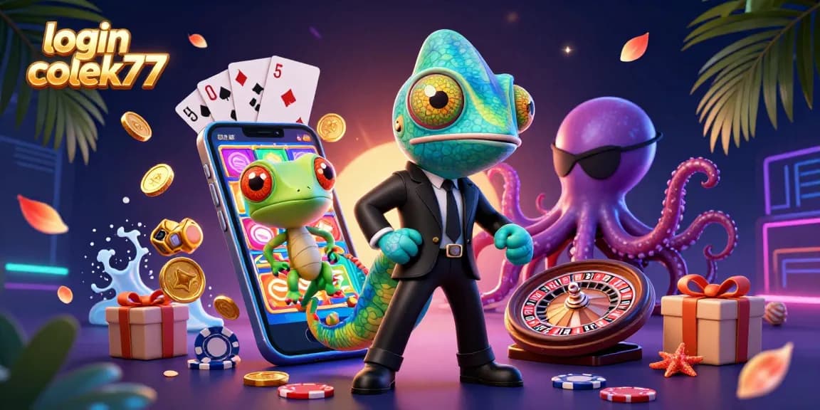 Win big with login colek77 as the colorful slot game and characters come to life in a vibrant casino scene.
