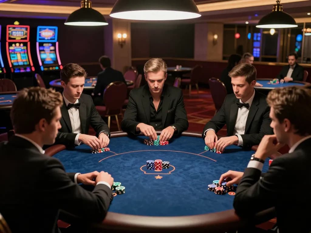 Players strategizing at a poker table in 79kingvnc casino atmosphere with luxury decor.