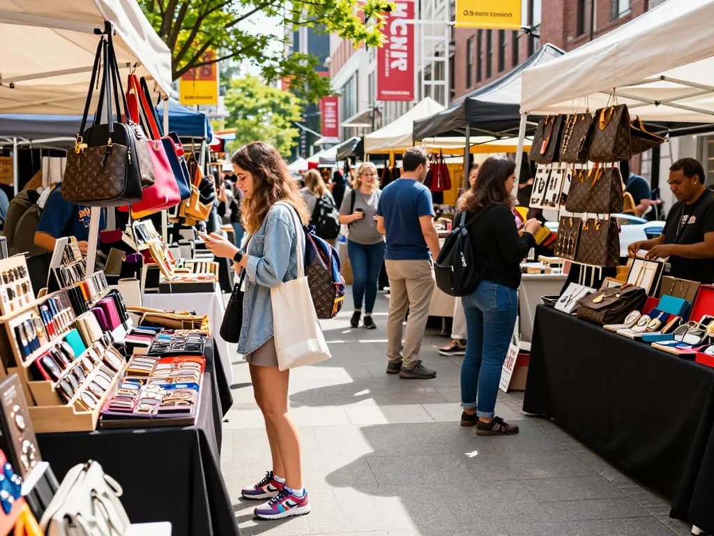 Shoppers exploring vibrant 레플리카 사이트 outdoor market for stylish fashion replicas.