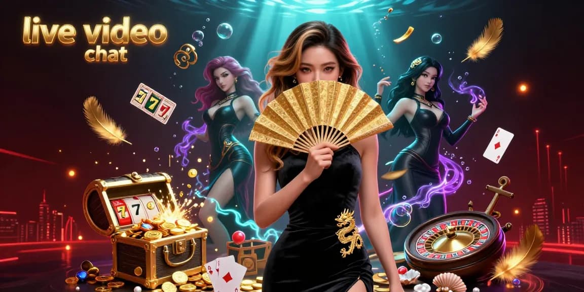 Engage in vibrant live video chat with a beautiful Asian woman amidst colorful slot symbols.