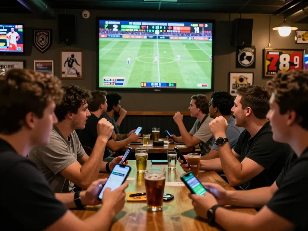 Betting excitement on 789WIN app during live sports match at a crowded bar