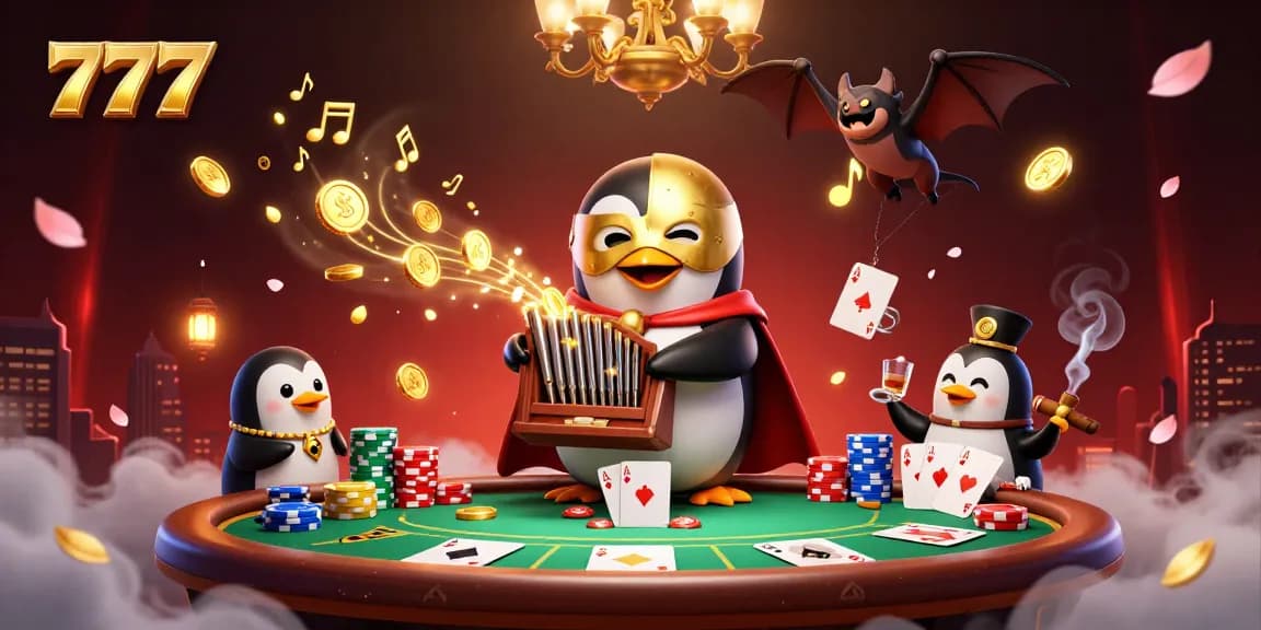 Penguin playing organ shoots coins while 777 poker chips surround the vibrant casino scene.