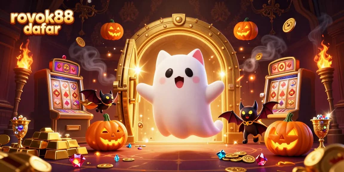 Experience rokok88 daftar with a fun cartoon scene featuring a ghost cat and gold treasures.