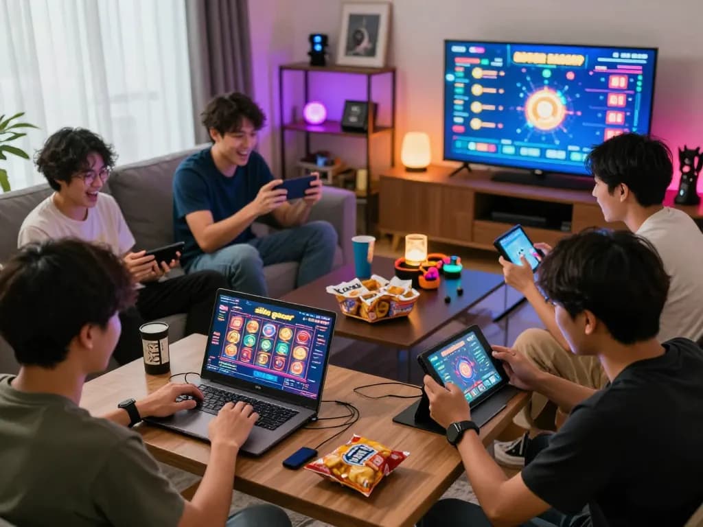 Diverse players enjoying situs gacor online gaming in a vibrant living room, showcasing excitement and engagement.