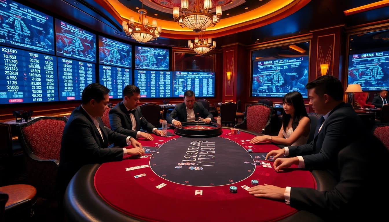 Pemain terlibat dalam permainan poker strategis sambil menikmati prediksi Utama4D Togel di lingkungan kasino mewah.