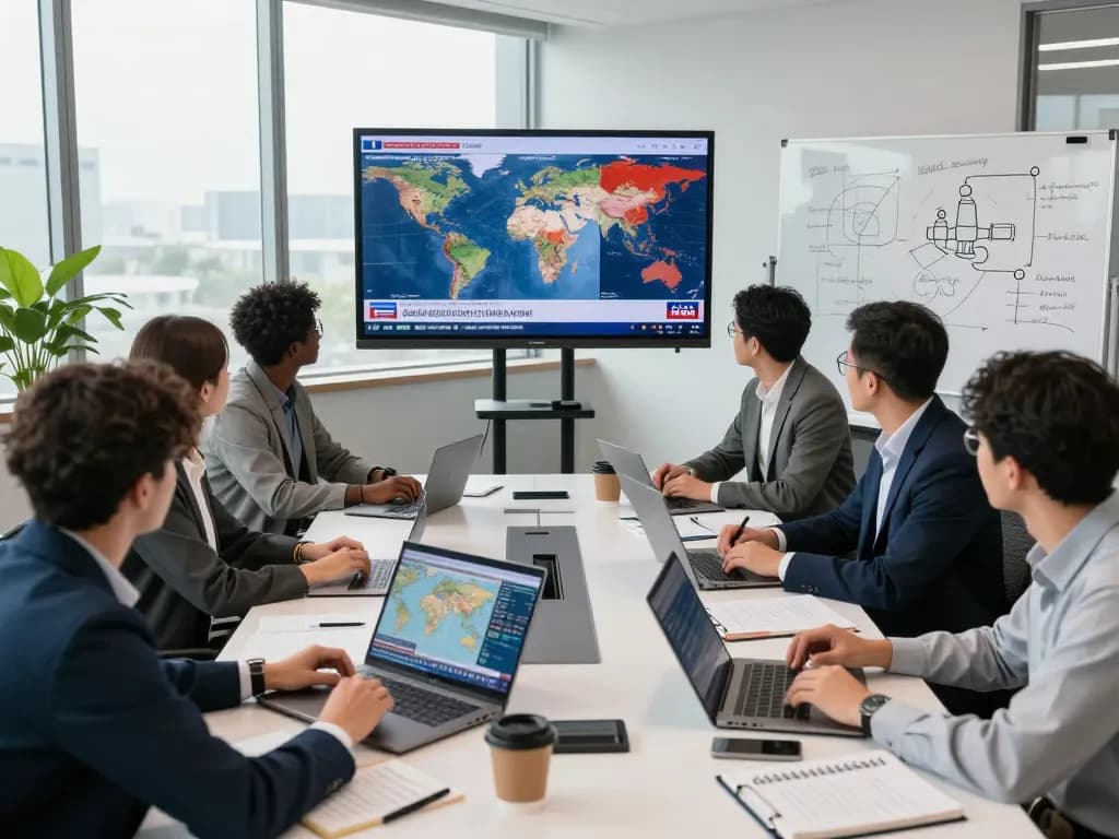 Analysts engaging in geopolitical discussions with global maps and data insights.