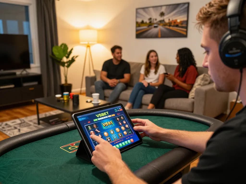 Engaging in exciting vsbet gameplay on a tablet during a cozy home gaming session