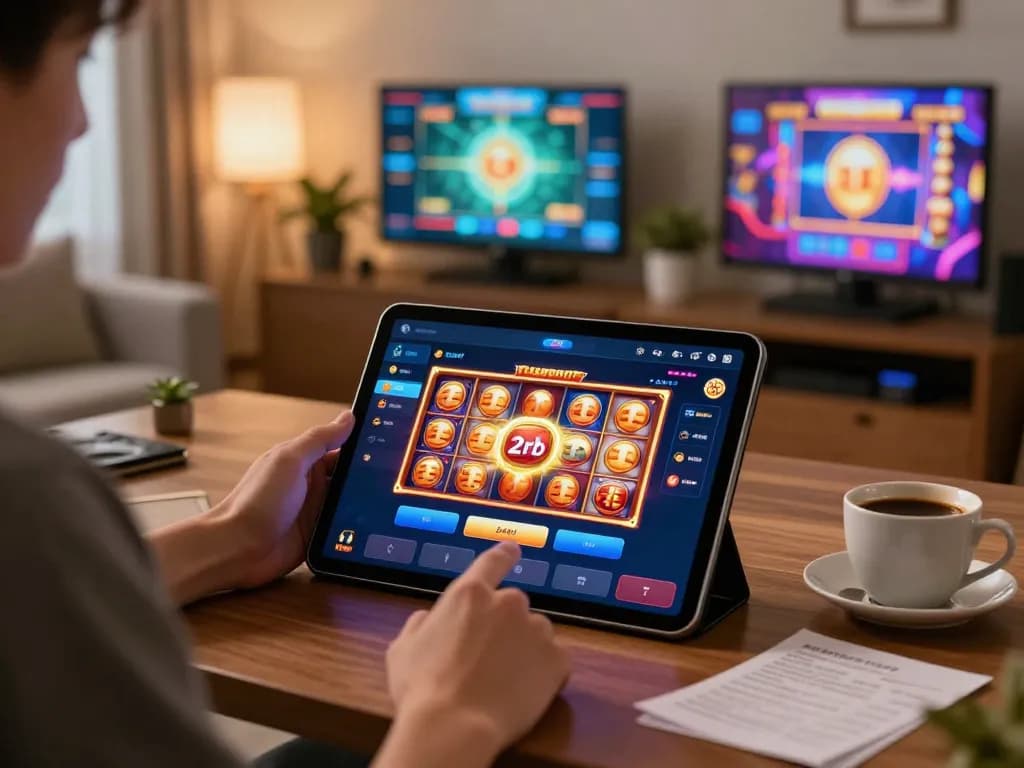Engaging online gaming setup showcasing slot deposit 2rb option on tablet with cozy ambiance.
