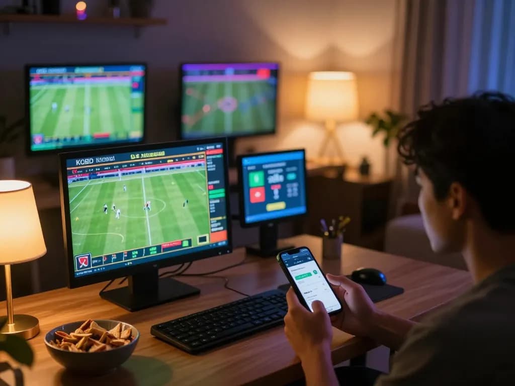 KQBD user passionately engages in sports betting while reviewing live match stats from various screens, featuring a cozy home setting.