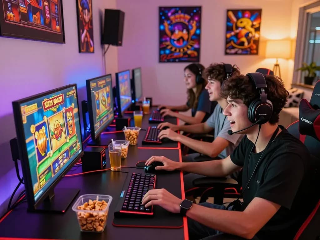 Teman-teman menikmati permainan online di rumah dengan grafis slot situs gacor dalam suasana permainan yang meriah.