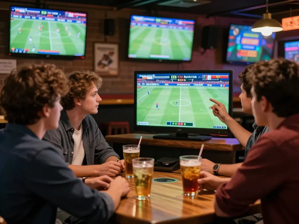 Bóng đá lu enthusiasts engaged in real-time sports betting at a lively venue with friends and multiple screens.