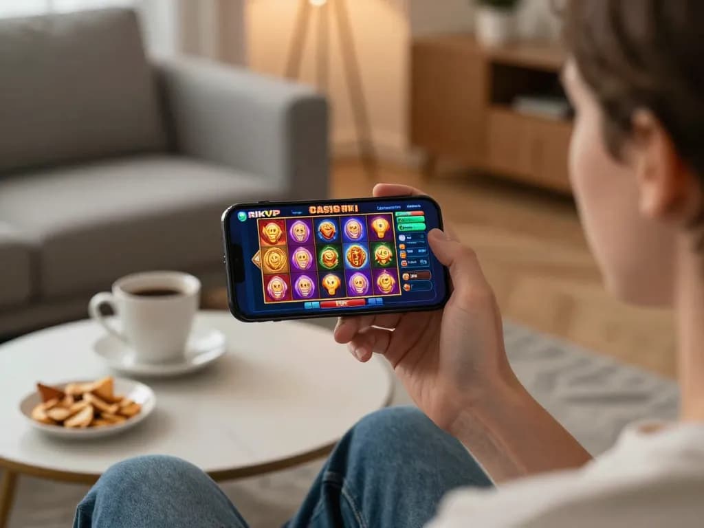 Player engaging with the RIKVIP casino app for thrilling online slots from a cozy home environment.