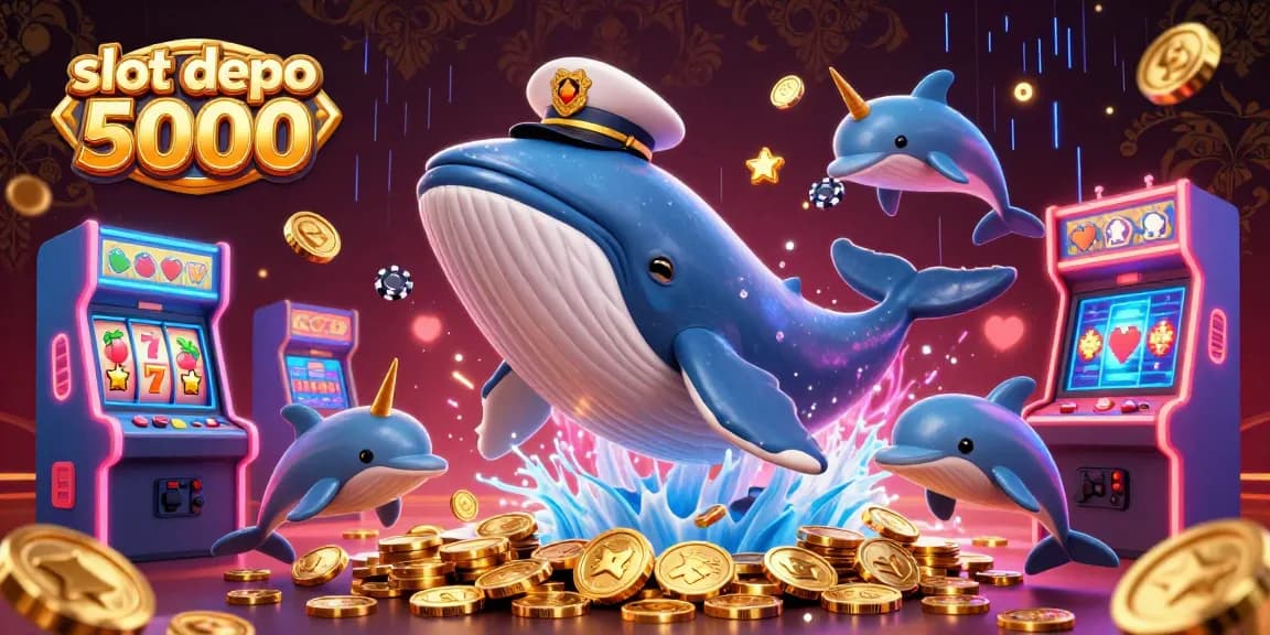 Play and win at slot depo 5000, vibrant 3D illustration with whales and gaming elements showcasing fun casino action.
