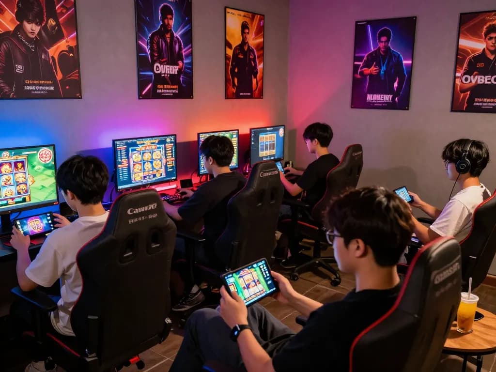 Enthusiastic players enjoying immersive online gaming at AUTOWIN88 with vibrant LED lighting and dynamic game displays.