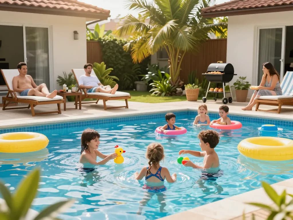 Dolphin Pool Services creating a relaxing family atmosphere around a backyard pool with kids playing and adults lounging.