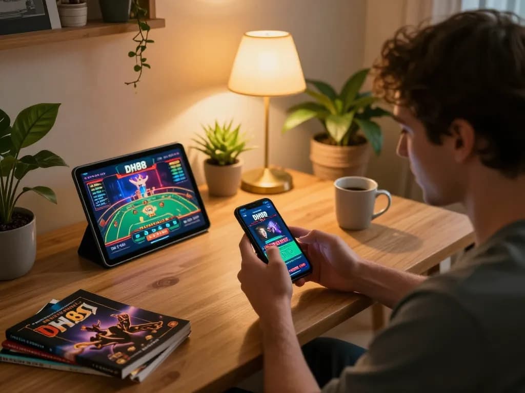 Player enjoying DH88 casino app on smartphone while strategizing online gameplay at a cozy home setup.