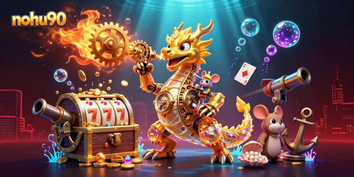 Nohu90 showcases a golden dragon and a mouse engineer celebrating jackpots with vibrant slot elements.