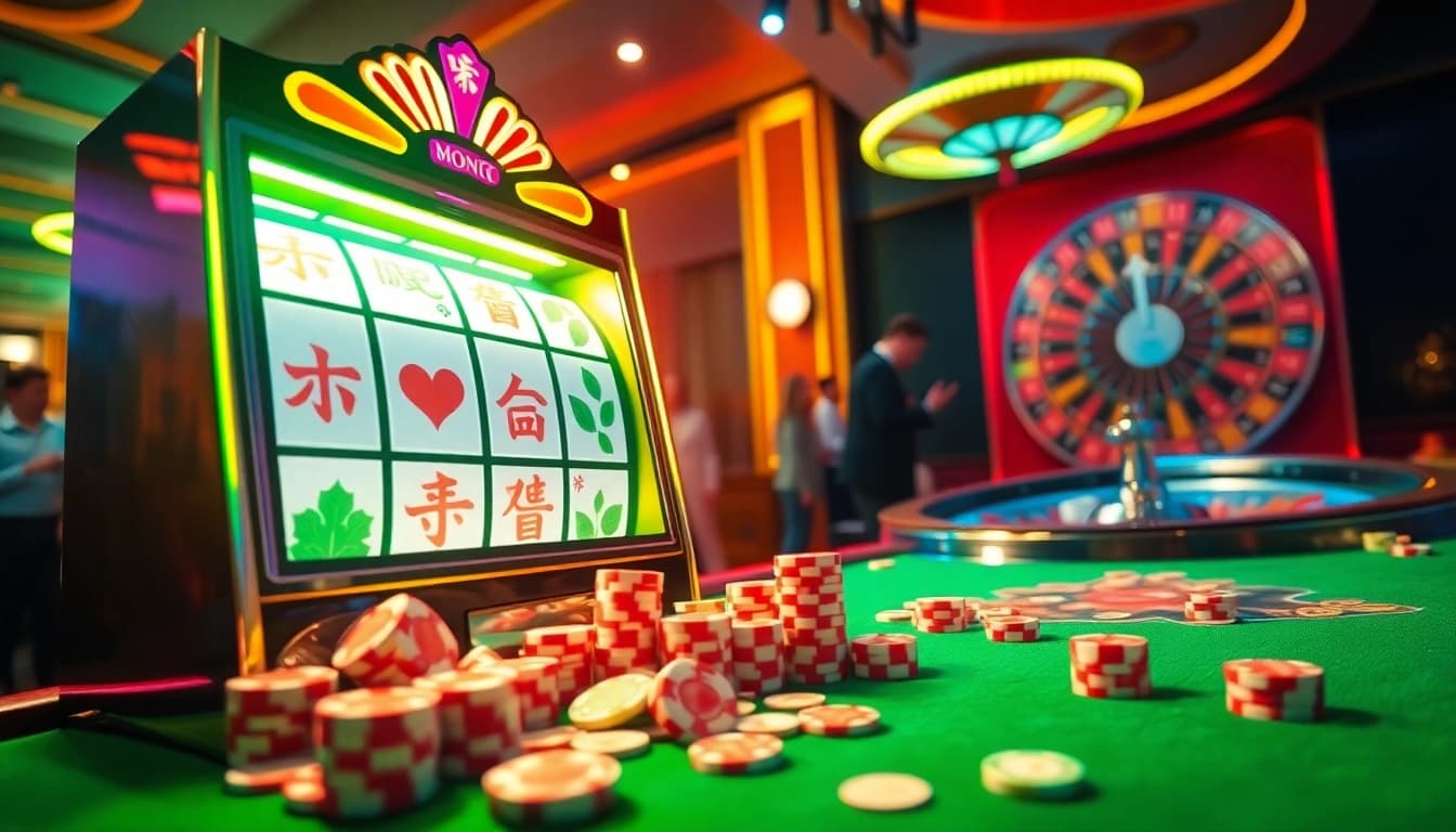 Experience the thrill of mahjong slot demo gameplay with vibrant colors, active players, and casino excitement.