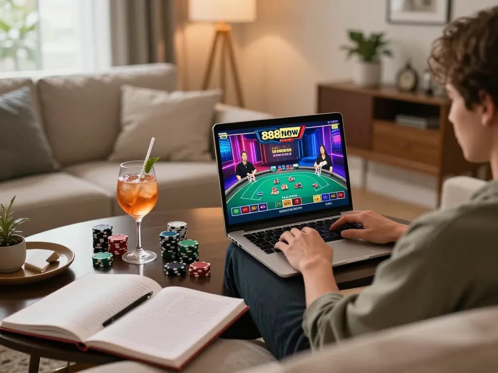 Engaged player using 888now com on laptop in a cozy home gaming setup with poker chips and strategy notes