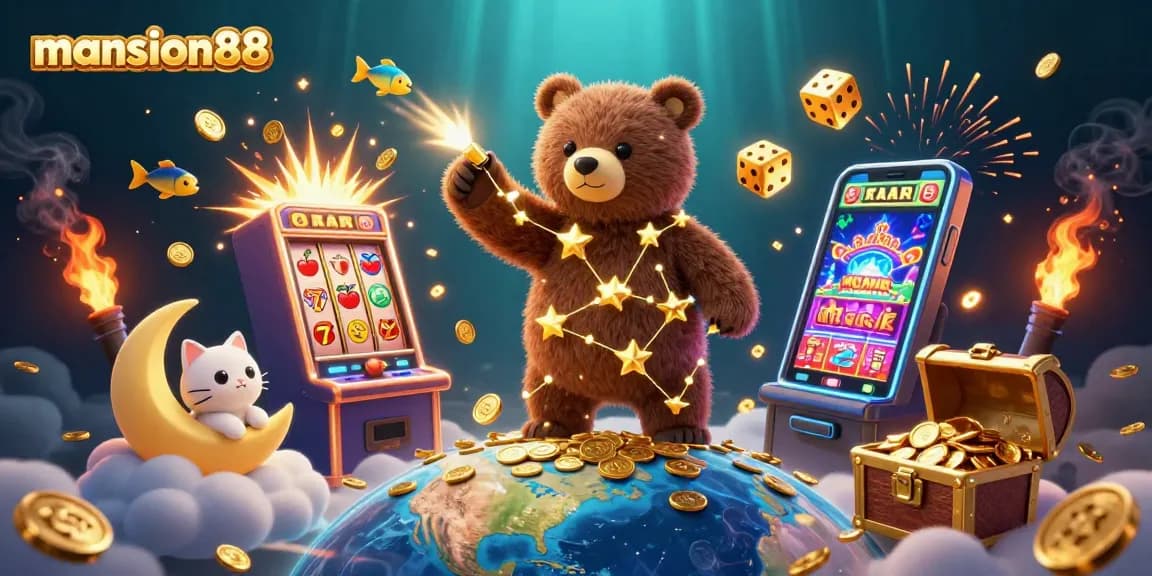 Experience the excitement of winning at mansion88 with a vibrant casino-themed 3D illustration full of action.