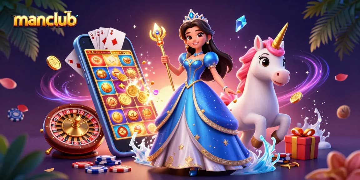 Experience excitement at Manclub with vibrant slot games, golden coins, and magical characters.