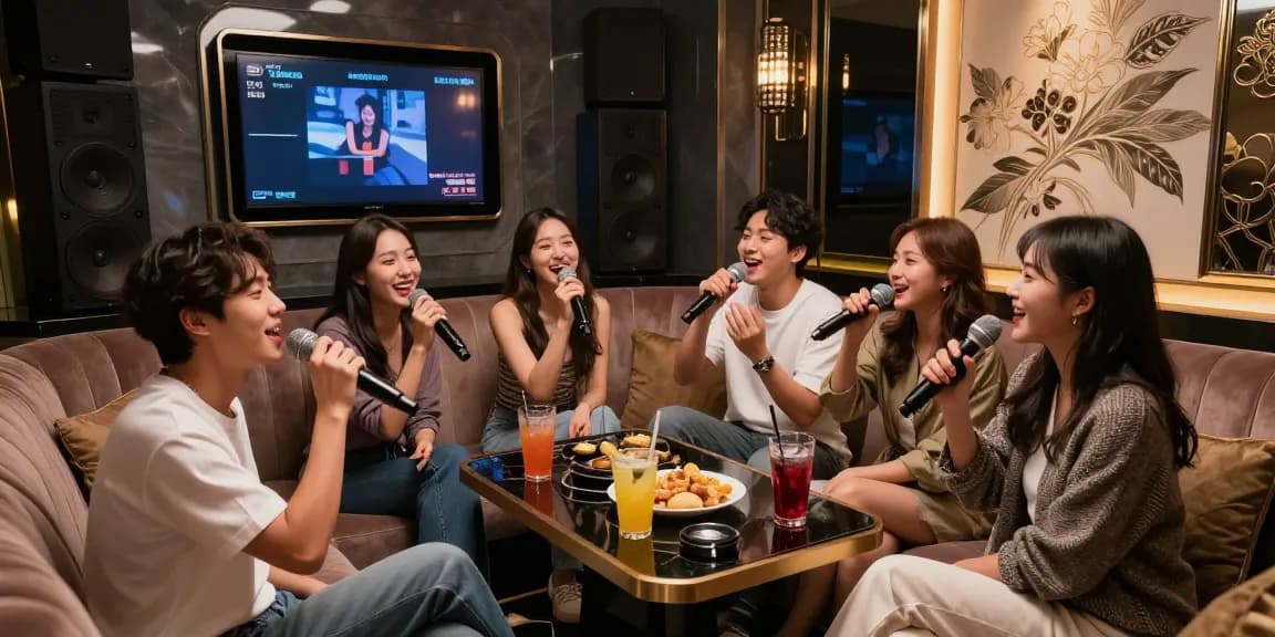 강남쩜오의 프리미엄 가라오케 룸에서 즐거운 시간을 보내는 친구들 모습