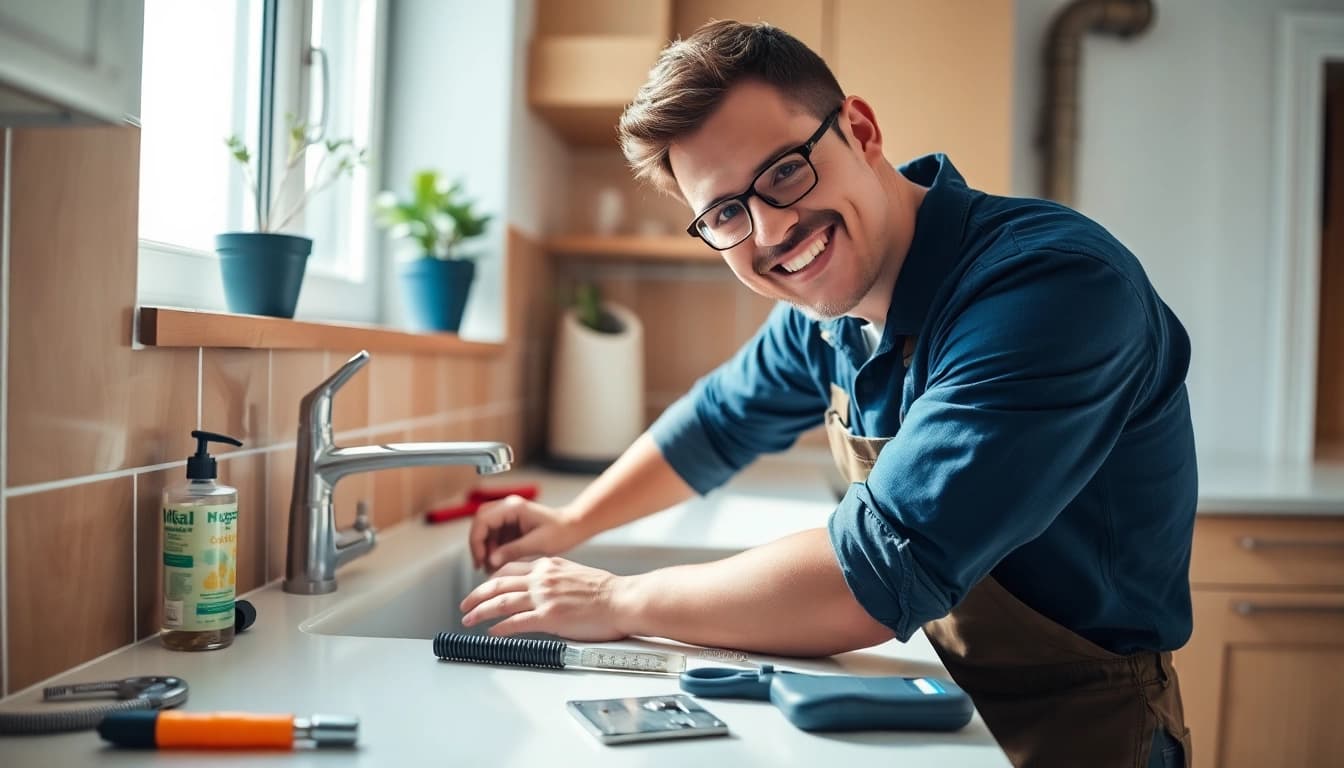 Skilled plumber fixing a sink, representing 'Plumber near me' services in a bright kitchen.