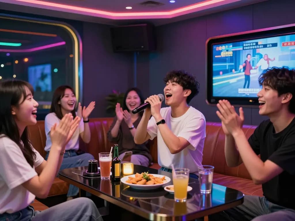 활기찬 분위기 속에서 친구들과 함께 부평쓰리노의 개인 노래방을 즐기는 모습.