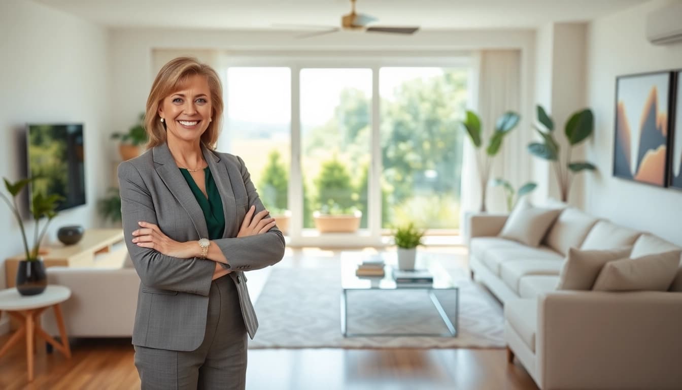Real Estate agent highlights a stunning home interior in a welcoming atmosphere.