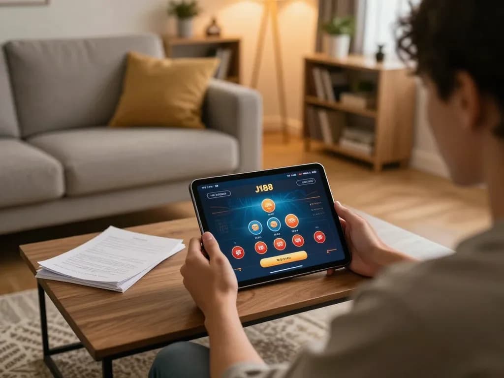 Engaging in J188 đăng nhập on a tablet in a cozy home setting, showcasing responsible gaming strategy.