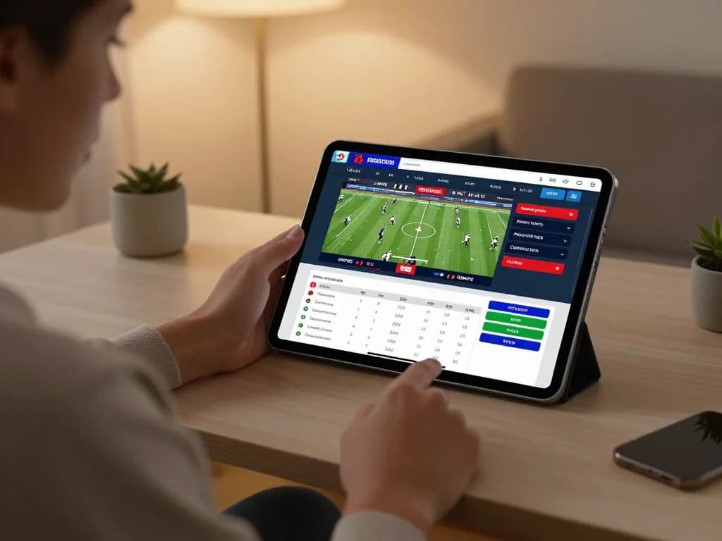 Engaging gambling moment with người dùng thực hiện trực tiếp bóng đá okwintv on their tablet at home, excitedly placing bets.